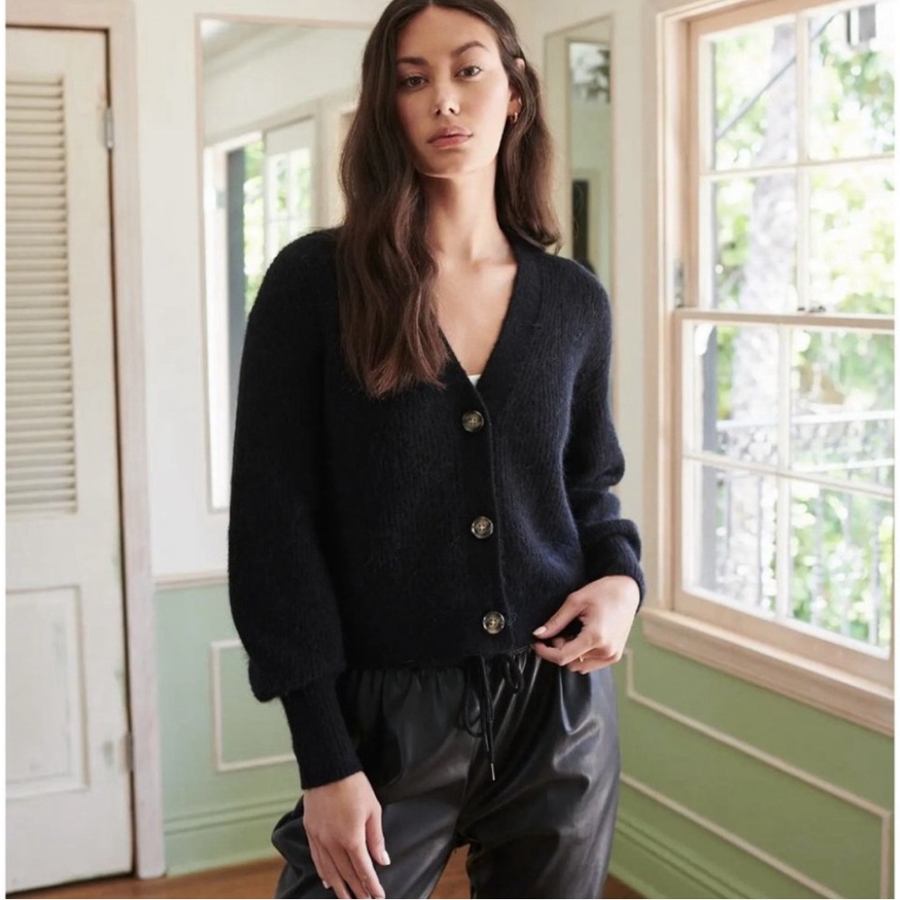 Quince Women's Black Baby Alpaca-Merino Wool Cropped Cardigan XL NWOT